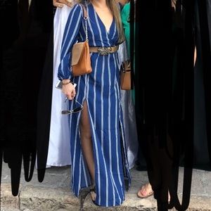 SALE Blue maxi dress with slits and waist tie